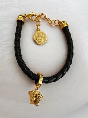 Versace Black Braided Leather Bracelet with Gold Medusa Charms